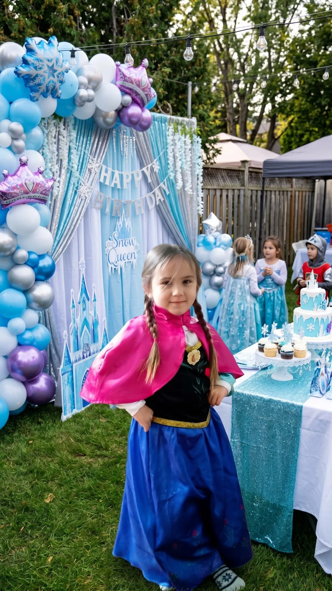 Frozen-inspired party scene with a child in an Anna-style costume, blue and silver balloons, snowflake decorations and a cake table