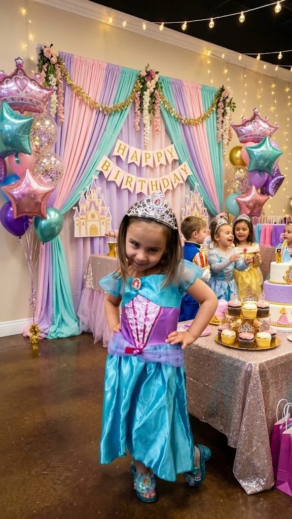 Princess party inspiration with a child in a turquoise and purple dress and tiara beside pastel drapes, crown balloons and cupcakes