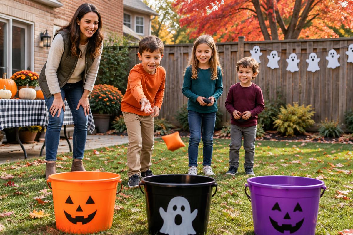 AI-generated GTA Halloween party idea showing supervised children tossing a beanbag towards pumpkin and ghost buckets in an autumn backyard