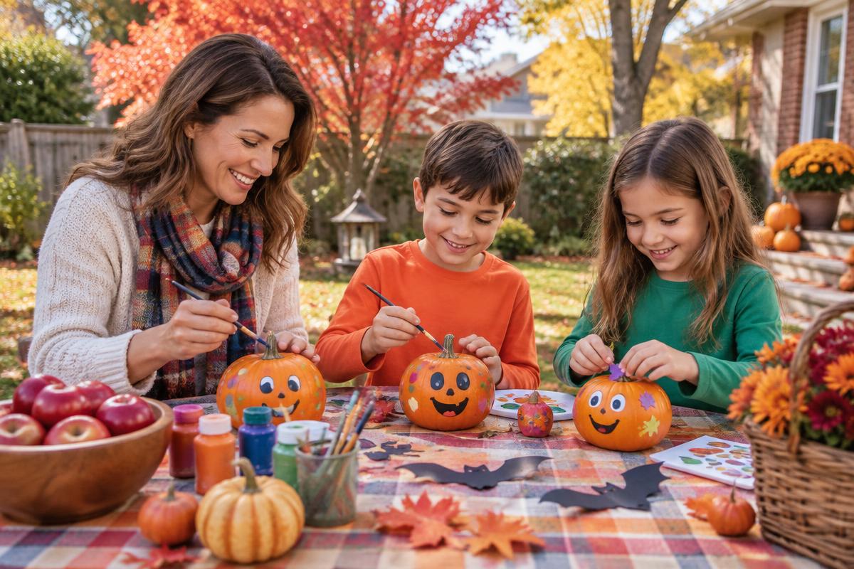 AI-generated Halloween party inspiration showing a parent and two children painting friendly faces on pumpkins at an autumn backyard craft table